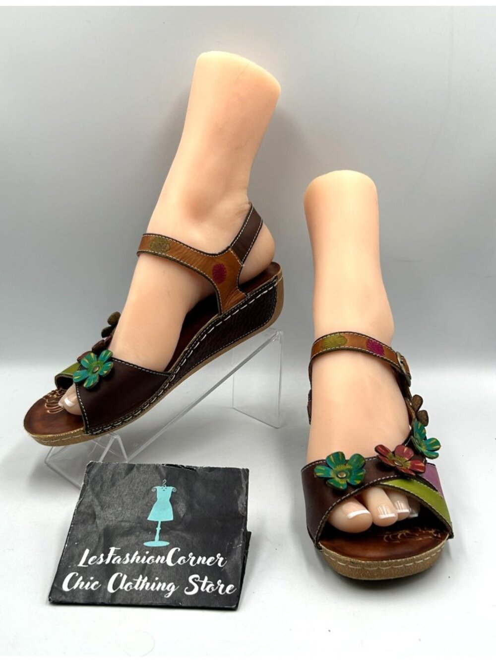 Spring Step Women's Brown Leather Belladonna Floral Wedges Sandals Size 8.5 3458
